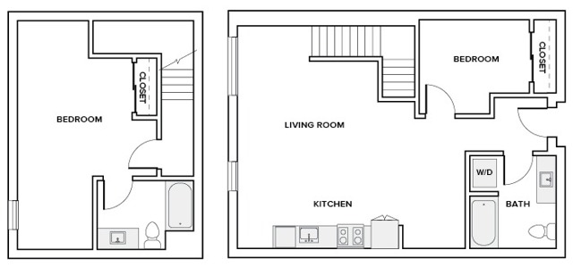 1129 to 1138 townhome apartment two bedroom two bathroom floor plan image in Redmond, WA