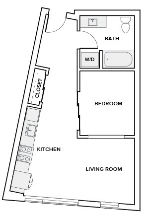 565 to 568 square foot one bedroom one bath apartment floor plan image in Redmond, WA