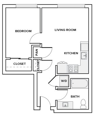 592 square foot one bedroom one bath apartment floor plan image in Redmond, WA