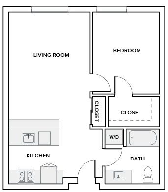 718 to 746 square foot one bedroom one bath apartment floor plan image in Redmond, WA