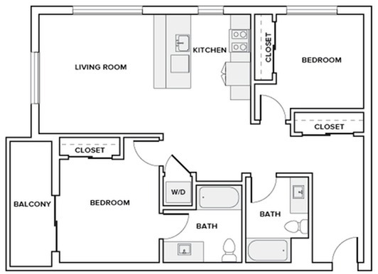 1037 to 1042 square foot two bedroom two bath apartment floor plan image in Redmond, WA