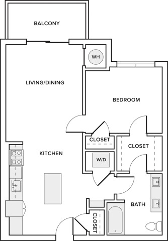 633 square foot one bedroom one bath apartment floorplan image