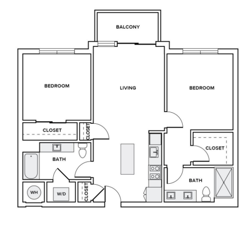 963 square foot two bedroom two bath apartment floorplan image