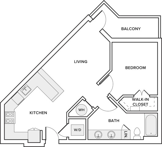 688 square foot one bed one bath apartment floor plan in Frisco, TX