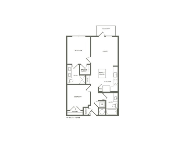 894 square foot two bedroom two bath apartment floorplan image