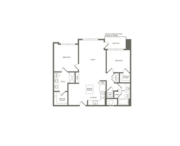 1148 square foot two bedroom two bath apartment floorplan image