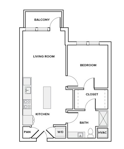 741 square foot one bed one bath apartment floor plan in Houston, TX