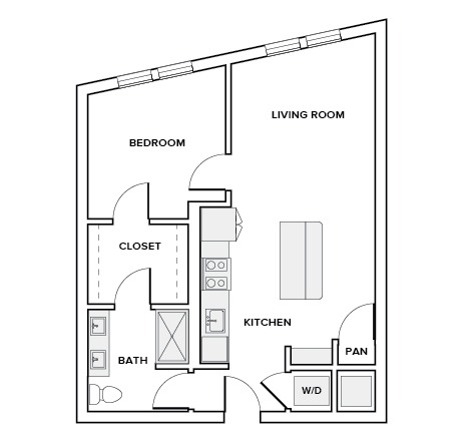 753 square foot one bedroom one bath apartment floor plan in Houston, TX
