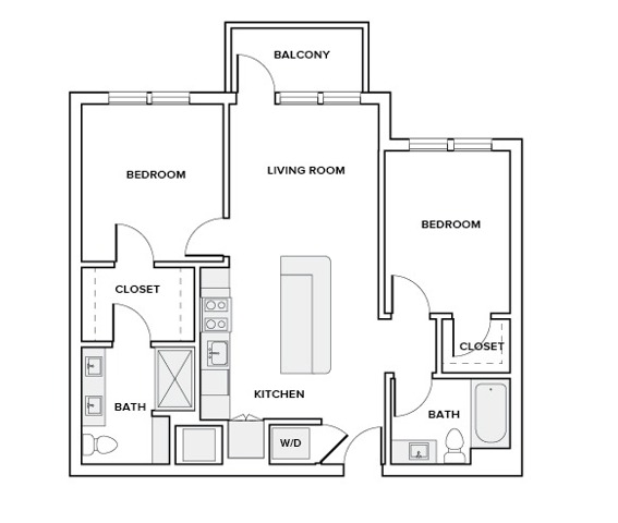 964 square foot two bed two bath apartment floor plan in Houston, TX
