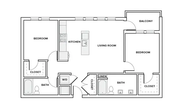 1082-1088 square foot two bedroom two bath apartment floor plan in Houston, TX