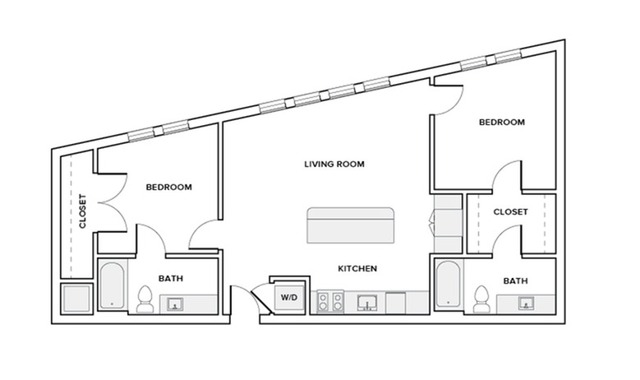 1094 square foot two bedroom two bath apartment floor plan in Houston, TX