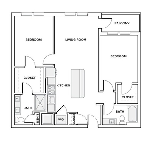 1159 square foot two bedroom two bath apartment floor plan in Houston, TX