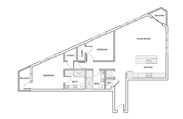 1472 square foot two bedroom two bath apartment floor plan in Houston, TX