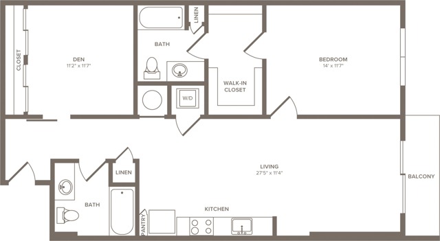 998 to 1040 square foot one bedroom two bath with den apartment floorplan image