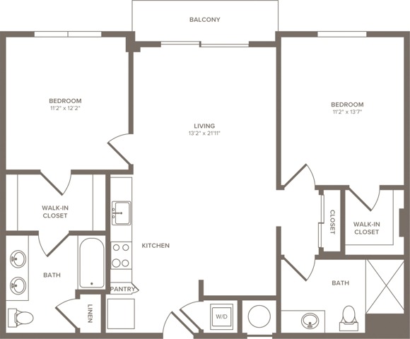 1043 square foot two bedroom two bath apartment floorplan image