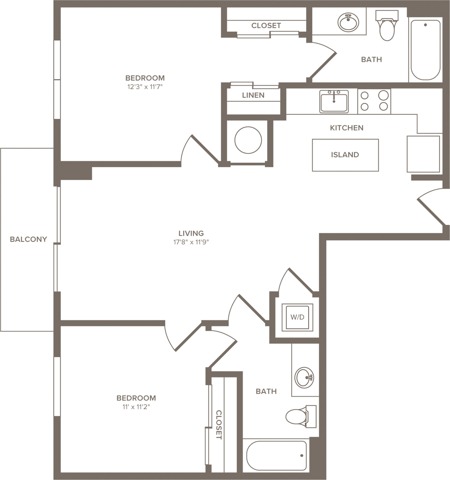911 square foot two bedroom two bath apartment floorplan image