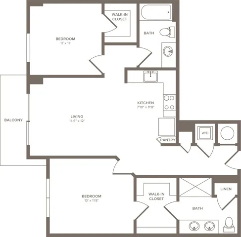 993 square foot two bedroom two bath apartment floorplan image