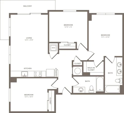 1167 square foot three bedroom two bath apartment floorplan image