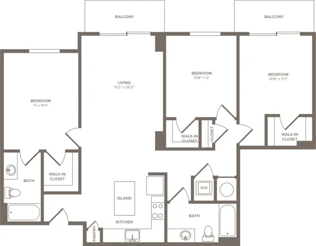 1245 square foot three bedroom two bath apartment floorplan image