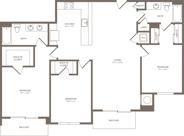 1489 square foot three bedroom two bath apartment floorplan image