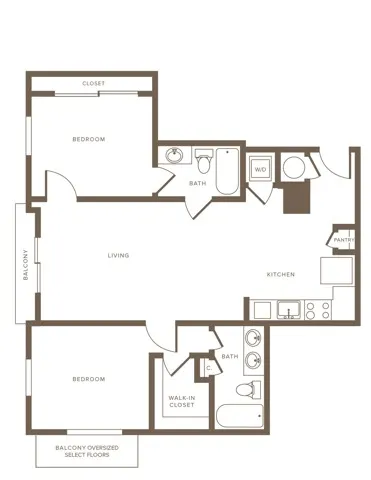 1199 square foot two bedroom two bath phase II apartment floorplan image