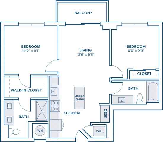 902 square foot two bedroom two bath apartment floor plan in St. Petersburg, FL