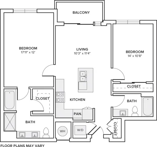 1027 square foot two bedroom two bath apartment floorplan image