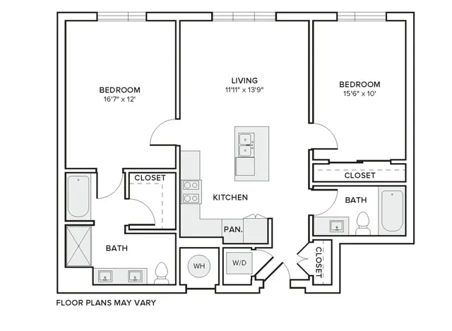 1053 square foot two bedroom two bath apartment floorplan image