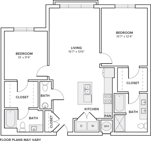 1185 square foot two bedroom two bath apartment floorplan image