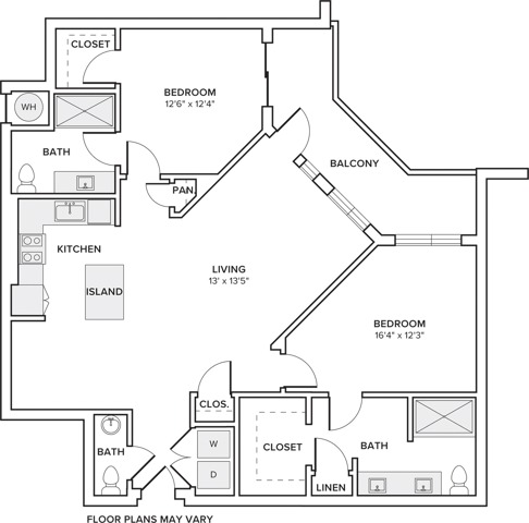 1275 square foot two bedroom two bath and half apartment floorplan image