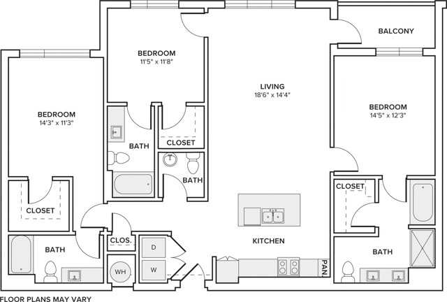 1500 square foot three bedroom two bath and half apartment floorplan image