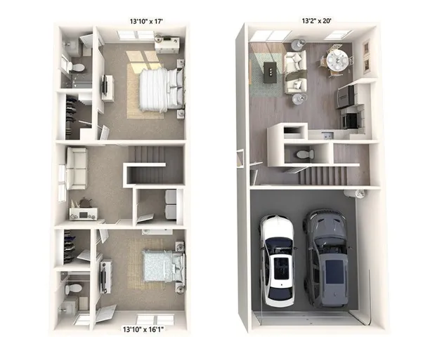 1317 square foot two bedroom two and a half bath townhome floor plan in Phoenix, Arizona
