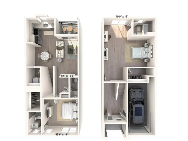 1392 square foot two bedroom two and a half bath townhome floor plan in Phoenix, Arizona