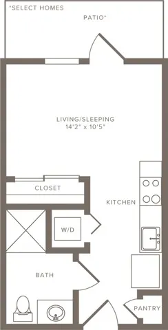 376 square foot studio one bath floorplan image