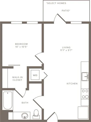 557 square foot one bedroom one bath floorplan image