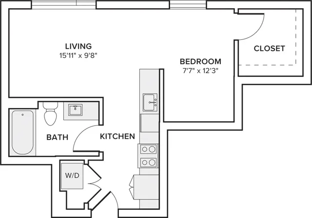 476-542 square foot studio one bath apartment floor plan in Seattle, WA