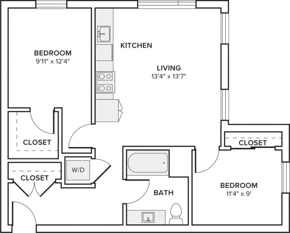 816 square foot two bed two bath apartment floor plan in Seattle, WA