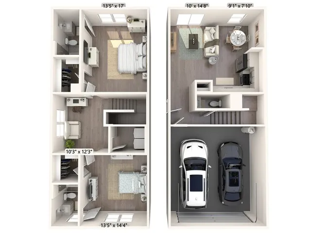 1317 square foot two bedroom two and a half bath townhome floor plan in Phoenix, Arizona