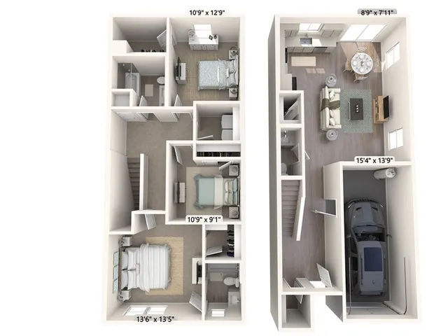 1498 square foot three bedroom two and a half bath townhome floor plan in Phoenix, Arizona