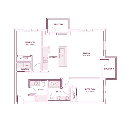 1128 square foot two bed two bath apartment floor plan in Beaverton, OR