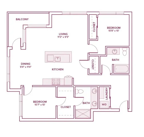 1153 square foot two bed two bath apartment floor plan in Beaverton, OR
