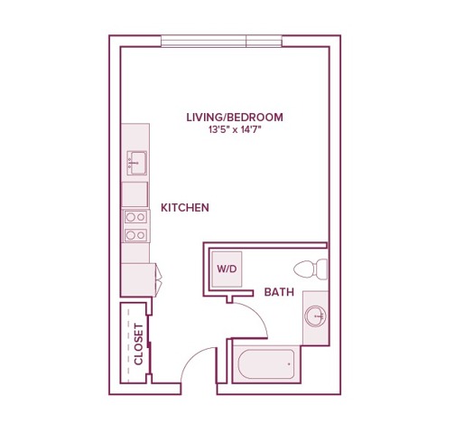 459 square foot studio one bath apartment floor plan in Beaverton, OR
