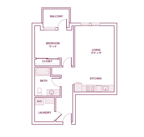701 square foot one bed one bath apartment floor plan in Beaverton, OR