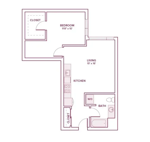 702 square foot one bed one bath apartment floor plan in Beaverton, OR