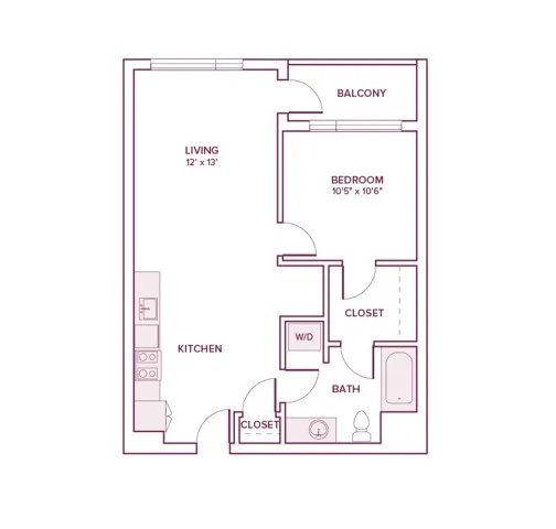 703 square foot one bed one bath apartment floor plan in Beaverton, OR