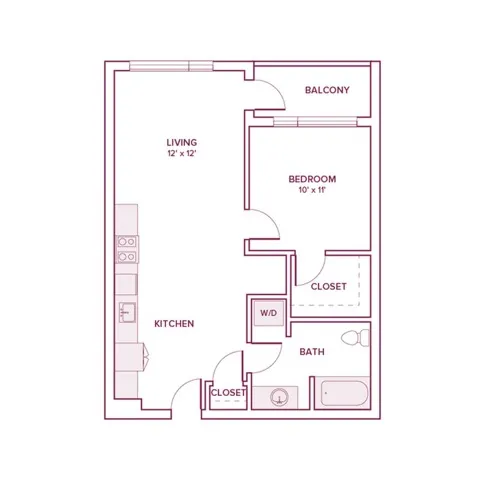 703 square foot one bed one bath apartment floor plan in Beaverton, OR