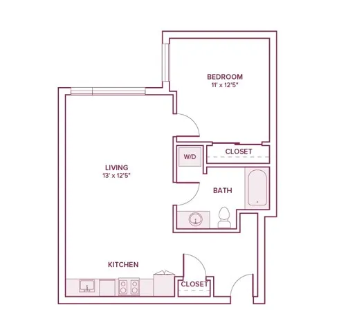 712 square foot one bed one bath apartment floor plan in Beaverton, OR
