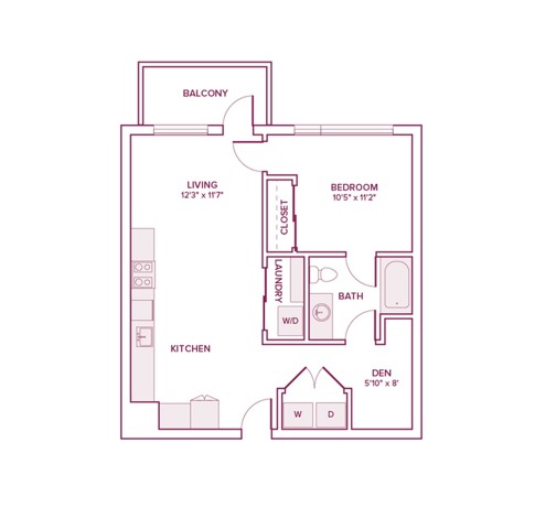 728 square foot one bed one bath apartment floor plan in Beaverton, OR