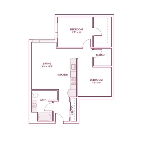 863 square foot one bed one bath apartment floor plan in Beaverton, OR