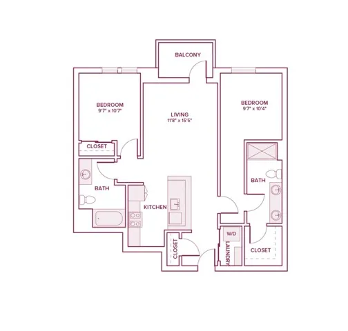 968 square foot two bed two bath apartment floor plan in Beaverton, OR